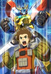 Rule 34 | 10s, 1boy, blue eyes, brown gloves, brown hair, clenched hands, future card buddyfight, gloves, male focus, mecha, open mouth, pouch, robot, shingo (picturepuzzle), shoulder pads, takihara tsurugi, upper body