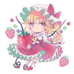 Rule 34 | 1girl, ascot, bat wings, blonde hair, chibi, crystal, flandre scarlet, food, fruit, hat, hat ribbon, heart, hiyuu (hiyualice), holding, laevatein (touhou), mob cap, multicolored wings, one side up, puffy short sleeves, puffy sleeves, red eyes, red footwear, red skirt, red vest, ribbon, short sleeves, side ponytail, skirt, skirt set, solo, strawberry, touhou, vest, white hat, wings, yellow ascot
