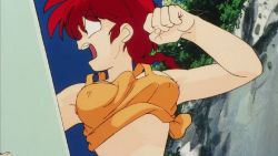 Rule 34 | 1990s (style), 1girl, animated, animated gif, bouncing breasts, braid, breasts, cleavage, gender request, genderswap, large breasts, ranma-chan, ranma 1/2, red hair, retro artstyle, running, saotome ranma, screencap, talking