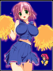 Rule 34 | 1990s (style), 1girl, bad id, bad pixiv id, blush, breasts, cheerleader, comparison, covered erect nipples, final fantasy, final fantasy v, green eyes, hima, huge breasts, impossible clothes, impossible shirt, large breasts, lenna charlotte tycoon, midriff, open mouth, pink hair, pixel art, pleated skirt, pom pom (cheerleading), shirt, short hair, skirt, smile, solo
