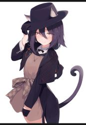 Rule 34 | 1girl, absurdres, animal ears, arknights, black capelet, black coat, black gloves, black hat, blush, bow, brown bow, brown dress, capelet, cat ears, cat girl, cat tail, closed mouth, coat, dress, ears through headwear, fedora, frown, gloves, hair between eyes, hand on headwear, hat, highres, jewelry, long sleeves, looking at viewer, melantha (arknights), melantha (letters from wessex) (arknights), mikisai, necklace, official alternate costume, open clothes, open coat, pink eyes, purple hair, short hair, simple background, solo, tail, white background