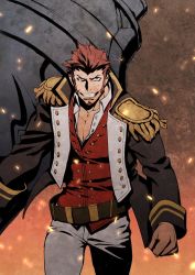 Rule 34 | 1boy, beard, belt, blue eyes, brown hair, cannon, clenched hand, collar, embers, epaulettes, facial hair, fate/grand order, fate (series), fringe trim, goatee, gradient background, holding, holding weapon, huge weapon, jacket, long sideburns, long sleeves, looking at viewer, male focus, military, military uniform, muscular, napoleon bonaparte (fate), no scar, open clothes, open jacket, open shirt, oversized object, pants, pectoral cleavage, pectorals, sideburns, simple background, smile, smirk, solo, takuan (takuanlunch), tight clothes, unbuttoned, uniform, weapon, white pants
