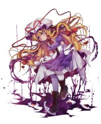 Rule 34 | 1girl, blonde hair, boots, cross-laced footwear, dress, gloves, gradient eyes, hat, highres, lace-up boots, long hair, looking down, mob cap, multicolored eyes, purple dress, shen li, short sleeves, skirt hold, smile, solo, touhou, transparent background, white gloves, white legwear, yakumo yukari