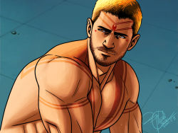 Rule 34 | 1boy, bara, body markings, brown hair, chris redfield, closed mouth, facial hair, flashconan, highres, large pectorals, male focus, mature male, meme, muscular, muscular male, nude, pectorals, resident evil, sailor moon redraw challenge (meme), short hair, solo, stubble, sweat, yellow eyes