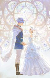 Rule 34 | 1boy, 1girl, absurdres, black footwear, blue eyes, blue hair, boots, bridal veil, cape, cavehuuu, church, commentary request, dangle earrings, dress, earrings, elf, frieren, frilled dress, frills, green eyes, head wreath, height difference, highres, himmel (sousou no frieren), holding hands, indoors, jewelry, knee boots, long hair, long sleeves, pants, parted bangs, pointy ears, ponytail, profile, see-through, see-through sleeves, sidelocks, smile, sousou no frieren, stained glass, thick eyebrows, veil, wedding, wedding dress, white cape, white dress, white hair, white pants, wide sleeves