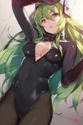Rule 34 | 1girl, arm up, black pantyhose, bodysuit, borrowed character, breasts, center opening, cleavage, cleavage cutout, clothing cutout, cowboy shot, dutch angle, from above, green hair, hair between eyes, hand on own head, head tilt, headgear, highres, legs together, leotard, long hair, medium breasts, menou kaname (taishi), no bra, open mouth, original, pantyhose, purple eyes, sidelocks, skin tight, solo, very long hair, yd (orange maru)