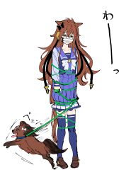 Rule 34 | 1girl, absurdres, animal ears, bow, bowtie, brown footwear, dog, entangled, gloom (expression), highres, horse ears, horse girl, horse tail, leash, long hair, long sleeves, mask, mouth mask, nayuta ggg, orfevre (umamusume) (old design), purple shirt, purple skirt, purple thighhighs, sailor collar, school uniform, shirt, shoes, simple background, skirt, solo, speed lines, standing, surgical mask, tail, thighhighs, tracen school uniform, umamusume, white background