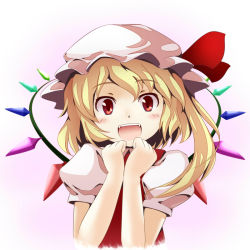 Rule 34 | 1girl, :d, blonde hair, embodiment of scarlet devil, fangs, female focus, flandre scarlet, happy, hat, looking at viewer, open mouth, own hands together, red eyes, short hair, side ponytail, smile, solo, touhou, tsuyuki, tsuyuki (yukitgraph), upper body, wings