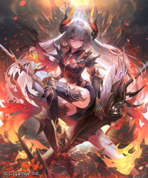Rule 34 | 1girl, armor, armored boots, armored dress, black armor, black gloves, black thighhighs, boots, breastplate, breasts, crack, cracked floor, dragon girl, dragon horns, elbow gloves, fire, forte (shingeki no bahamut), full body, gauntlets, gloves, hair between eyes, holding, holding polearm, holding weapon, horns, lance, large breasts, long hair, looking at viewer, mikebosi, miniskirt, official art, pauldrons, polearm, red eyes, shadowverse, shoulder armor, sitting, skirt, slit pupils, solo, straight hair, thighhighs, thighs, vambraces, very long hair, watermark, weapon, white hair