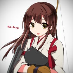Rule 34 | 10s, 1girl, akagi (kancolle), bow (weapon), brown eyes, brown hair, character name, gloves, japanese clothes, kamiyoshi rika, kantai collection, long hair, looking at viewer, muneate, open mouth, smile, solo, upper body, weapon
