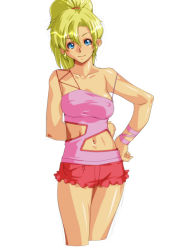 Rule 34 | 1girl, bare arms, bare shoulders, blonde hair, blue eyes, breasts, camisole, casual, closed mouth, collarbone, elle vianno, gundam, gundam zz, looking at viewer, medium breasts, medium hair, pocket, ponytail, qkat (arikawa-dou), red shorts, short shorts, shorts, simple background, smile, solo, white background