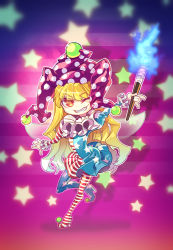 Rule 34 | 1girl, american flag dress, american flag legwear, blonde hair, clownpiece, dress, fairy wings, fire, full body, grin, hat, high heels, holding, jester cap, looking at viewer, neck ruff, pantyhose, polka dot, red eyes, short dress, smile, solo, standing, star (symbol), striped clothes, striped pantyhose, teeth, torch, touhou, wings, zounose