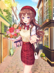 Rule 34 | 1girl, :d, absurdres, bad id, bad pixiv id, bag, beret, blue sky, bouquet, bow, breasts, brown flower, brown hair, brown rose, building, center frills, cloud, collared shirt, commentary request, day, fingernails, flower, foreign blue, frills, handbag, hat, highres, holding, holding bouquet, korean commentary, long hair, looking at viewer, medium breasts, nail polish, open mouth, original, outdoors, outstretched arm, pink flower, pink rose, plaid, plaid headwear, plaid skirt, purple eyes, red bow, red flower, red hat, red nails, red rose, red skirt, rose, round teeth, shirt, shoulder bag, sign, skirt, sky, smile, solo, sweater vest, teeth, upper teeth only, very long hair, wavy hair, white shirt, window