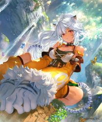 Rule 34 | 1girl, animal ears, animal hands, black choker, breasts, bug, butterfly, choker, company name, copyright notice, detached sleeves, gloves, insect, ladica (shadowverse), light rays, medium breasts, nature, official art, paw gloves, ponzu (catponz), red eyes, shadowverse, sitting, solo, sunbeam, sunlight, tail, white hair