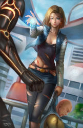Rule 34 | 1girl, 2boys, android 18, artist name, bald, belt, black pantyhose, black shirt, bleeding, blonde hair, blood, blood on clothes, blue eyes, blue jacket, blue skirt, breasts, building, cape, city, closed eyes, cropped jacket, crossover, cuts, dated, day, denim, denim jacket, denim skirt, dragon ball, dragonball z, earrings, genos, highres, injury, jacket, jewelry, lips, long sleeves, medium breasts, multiple boys, nopeys, nose, one-punch man, open clothes, open jacket, outdoors, pantyhose, pink lips, profile, saitama (one-punch man), shirt, short hair, skirt, sunlight, torn clothes, torn legwear, torn shirt, unconscious