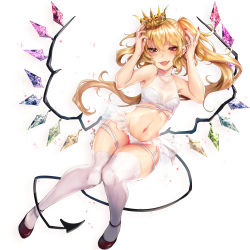 Rule 34 | 1girl, :d, absurdres, bare shoulders, black footwear, blonde hair, blush, breasts, commentary request, crop top, crown, crystal, ear piercing, eyelashes, fingernails, flandre scarlet, full body, hair between eyes, hands up, highres, knees together feet apart, kyogoku-uru, laevatein (tail), long hair, looking at viewer, midriff, mini crown, navel, one side up, open mouth, panties, piercing, pointy ears, red eyes, see-through, sharp fingernails, shoes, simple background, sleeveless, small breasts, smile, solo, sparkle, stomach, tail, thick thighs, thighhighs, thighs, touhou, underwear, white background, white panties, white thighhighs, wings