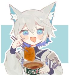Rule 34 | 1girl, :3, animal ear fluff, animal ears, armor, black shirt, blue background, blue eyes, blue hair, bowl, cevio, chopsticks, coat, coko (cevio), colored inner hair, commentary, cup ramen, diamond earrings, donbee (food), donbei kitsune udon, drooling, earrings, fang, faoru ofuton, food request, fox ears, grey coat, grey hair, highres, holding, holding bowl, holding chopsticks, instant udon, jewelry, kamitsubaki studio, long sleeves, looking at food, mouth drool, multicolored hair, nissin donbei, open clothes, open coat, pauldrons, puffy long sleeves, puffy sleeves, shirt, short hair, shoulder armor, simple background, skin fang, smile, solo, turtleneck, two-tone background, white background