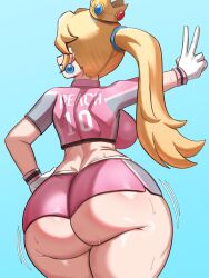 1girl ass blonde_hair blue_background breasts cowboy_shot crown earrings from_behind gloves huge_ass jewelry large_breasts long_hair mario_(series) mario_strikers_(series) midriff nintendo pink_shorts princess_peach short_shorts short_sleeves shorts simple_background solo standing super_mario_strikers sweat white_gloves ytrall