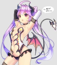 Rule 34 | 1girl, ahoge, armpits, arms behind head, asymmetrical gloves, breasts, center opening, cleavage, cowboy shot, demon girl, demon horns, demon tail, demon wings, fang, female focus, fishnets, fujiya takao, gloves, grey background, highres, horns, jewelry, long hair, looking at viewer, navel, no bra, open mouth, original, panties, pointy ears, purple hair, red eyes, revealing clothes, simple background, slit pupils, small breasts, solo, speech bubble, standing, stomach, tail, thighhighs, thighs, underwear, uneven gloves, very long hair, wings