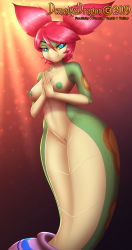 Rule 34 | 1girl, artist name, blue eyes, colored nipples, colored sclera, colored skin, fangs, green nipples, green skin, highres, jar, lamia, monster girl, nipples, pussy, red hair, shantae (series), short twintails, tuki (shantae), twintails, yellow sclera
