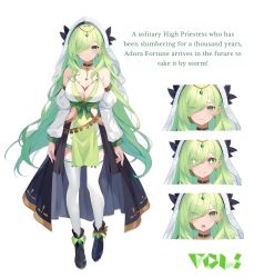 1girl adora_fortune boots breasts choker dress gold green_choker green_eyes green_hair green_ribbon highres kujou_ichiso large_breasts official_art ribbon tachi-e thighhighs veil virtual_youtuber vols white_thighhighs