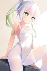Rule 34 | 1girl, absurdres, arm support, arms at sides, bare arms, bare shoulders, breasts, closed mouth, collarbone, covered erect nipples, covered navel, cross-shaped pupils, feet out of frame, furrowed brow, genshin impact, gradient hair, green eyes, green hair, hair between eyes, hamiro, highleg, highleg leotard, highres, knee up, leotard, light blush, long hair, multicolored hair, nahida (genshin impact), navel, no bra, pantyhose, pointy ears, side ponytail, sitting, small breasts, solo, sweat, symbol-shaped pupils, wavy mouth, white hair, white leotard, white pantyhose
