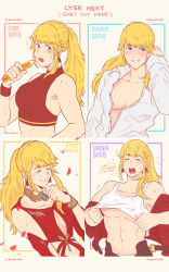 Rule 34 | blonde hair, blush, breasts, chart, cleavage, cleavage cutout, closed eyes, clothes lift, clothing cutout, crop top, english text, final fantasy, final fantasy xiv, highres, looking at viewer, lyse hext, meme, multiple drawing challenge, no bra, open clothes, open shirt, ponytail, sei (seiryuuden), shirt cut meme, shirt cut meme, shirt lift, sideboob, sweat, underboob