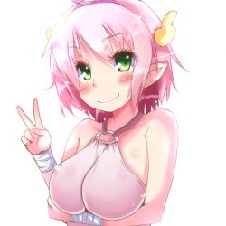 Rule 34 | 1girl, bare shoulders, blush, body blush, breast hold, breasts, cow horns, elfleda mirjasdottir, green eyes, halterneck, horns, hua (hua113), impossible clothes, impossible shirt, large breasts, looking at viewer, lotte no omocha!, o-ring, o-ring top, pink hair, pointy ears, shirt, short hair, simple background, smile, solo, v, white background, wrist wrap