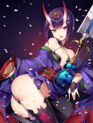 Rule 34 | 1girl, absurdres, ass, bad id, bad pixiv id, bare shoulders, blade, bottle, breasts, collarbone, cup, fangs, fate/grand order, fate (series), fingerless gloves, gem, gloves, hair ornament, highres, horns, japanese clothes, kimono, kimono pull, looking at viewer, may (2747513627), midriff peek, navel, obi, open mouth, petals, purple eyes, purple hair, revealing clothes, sakazuki, sake bottle, sash, short hair, shuten douji (fate), skin-covered horns, small breasts, solo, sword, thick eyebrows, thighhighs, thighs, tongue, tongue out, weapon