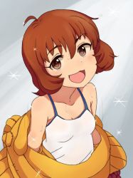 Rule 34 | 10s, 1girl, :3, :d, ahoge, bare shoulders, brown eyes, brown hair, camisole, collarbone, eyebrows, idolmaster, idolmaster cinderella girls, looking at viewer, matching hair/eyes, motion lines, open mouth, short hair, smile, solo, sparkle, sweat, ueda suzuho
