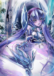 Rule 34 | 1girl, ass, bare shoulders, blue hair, blue sclera, blue skin, blush, breast hold, breasts, bridal gauntlets, butt crack, colored sclera, colored skin, crossed arms, elemental (creature), glacies (monster girl encyclopedia), headband, highres, ice, ice elemental, leaning forward, medium breasts, monster girl, monster girl encyclopedia, multicolored hair, nature, navel, no feet, no panties, purple eyes, snowflakes, solo, sud (sudea), thighhighs, translated, twintails, two-tone hair