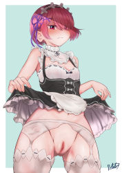 Rule 34 | 1girl, absurdres, black dress, blue background, blush, breasts, closed mouth, clothes lift, dress, dress lift, garter belt, garter straps, glaring, highres, jitome, lifting own clothes, maid, maid headdress, navel, pink eyes, pink hair, pussy, ram (re:zero), re:zero kara hajimeru isekai seikatsu, short hair, simple background, small breasts, solo, thighhighs, uncensored, very short hair, white thighhighs, withpote