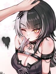Rule 34 | 1girl, 1other, absurdres, arm strap, artist logo, belt, black belt, black choker, black dress, black hair, blunt bangs, breasts, chest belt, choker, cleavage, commentary, dress, english commentary, fingernails, food, food in mouth, goth fashion, grey hair, hair ornament, headpat, heart, highres, hololive, hololive english, lace, lace choker, large breasts, long hair, multicolored hair, one eye closed, pocky, pocky in mouth, psypolo d, shiori novella, shiori novella (1st costume), split-color hair, two-tone hair, upper body, v-shaped eyebrows, virtual youtuber, white background, yellow eyes