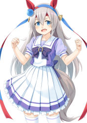 Rule 34 | 1girl, :d, animal ears, black bow, blouse, blue eyes, blue hairband, blue shirt, bow, clenched hands, commentary request, frilled skirt, frills, grey hair, hair between eyes, hairband, hands up, horse ears, horse girl, horse tail, long hair, miri (ago550421), open mouth, pleated skirt, puffy short sleeves, puffy sleeves, purple shirt, school uniform, shirt, short sleeves, simple background, skirt, smile, solo, tail, tamamo cross (umamusume), thighhighs, tracen school uniform, umamusume, v-shaped eyebrows, very long hair, white background, white skirt, white thighhighs