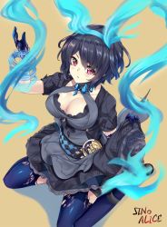 Rule 34 | &gt;:(, 1girl, alice (sinoalice), aura, black dress, black gloves, black hair, black thighhighs, blush, breasts, cleavage, clothes lift, dress, dress lift, elbow gloves, frown, gloves, gothic lolita, hairband, hinata sora, large breasts, lifting own clothes, lolita fashion, looking at viewer, parted lips, puffy short sleeves, puffy sleeves, red eyes, short hair, short sleeves, single elbow glove, sinoalice, sitting, solo, thighhighs, torn clothes, torn thighhighs, v-shaped eyebrows, wariza