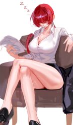 Rule 34 | 1girl, absurdres, armchair, bare legs, black footwear, black skirt, breasts, chair, cleavage, collared shirt, crossed legs, dan koflove, drooling, hair over eyes, highres, holding, holding paper, large breasts, legs, long sleeves, paper, pencil skirt, ponytail, red hair, shermie (kof), shirt, shoes, simple background, sitting, skirt, sleeping, solo, the king of fighters, white background, white shirt, zzz