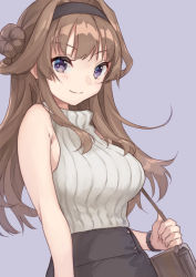 Rule 34 | 1girl, alternate costume, bag, black skirt, blush, breasts, brown hair, closed mouth, double bun, grey background, hair bun, kantai collection, kongou (kancolle), large breasts, long hair, mitsuyo (mituyo324), purple eyes, ribbed sweater, shoulder bag, simple background, skirt, sleeveless, smile, solo, sweater, upper body, white sweater