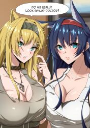 Rule 34 | 2girls, animal ears, arknights, bare shoulders, black choker, blaze (arknights), blonde hair, blue eyes, blue hair, breasts, choker, cleavage, collarbone, commentary, english text, grey hairband, grey tank top, hairband, highres, horn (arknights), indoors, large breasts, long hair, looking at viewer, multiple girls, red hairband, speech bubble, symmetricturd, tank top, upper body, white tank top, wolf ears
