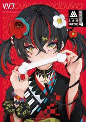 Rule 34 | 1girl, 2016, 2018, black hair, black kimono, bone, collar, commentary request, cover, cover page, covered mouth, dog hair ornament, fingernails, flower, hair between eyes, hair flower, hair ornament, head tilt, highres, holding, japanese clothes, kimono, lam (ramdayo), leash, long fingernails, long sleeves, looking at viewer, multicolored eyes, multicolored hair, nail art, obi, original, print kimono, red flower, red hair, sash, simple background, solo, streaked hair, twintails, white background, white flower, wide sleeves