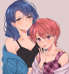 Rule 34 | 2girls, bare shoulders, black camisole, blue hair, blue jacket, blush, brown eyes, camisole, collarbone, commentary, crop top, grey background, grey jacket, hair behind ear, hair between eyes, half-closed eyes, hanayagi kaoruko, hand on another&#039;s shoulder, hand to own mouth, hand up, height difference, highres, isurugi futaba, jacket, light blush, long sleeves, looking at viewer, medium hair, multiple girls, nukazuke (kzhto), off shoulder, official alternate costume, open clothes, open jacket, open mouth, parted lips, pink eyes, pink tank top, plaid, plaid shirt, red hair, shirt, short hair, shoujo kageki revue starlight, side-by-side, simple background, sweatdrop, swept bangs, tank top, upper body