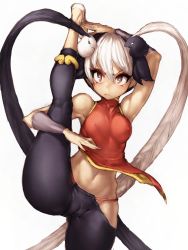 Rule 34 | 1girl, armpits, black hair, bracer, breasts, cameltoe, covered erect nipples, feng (skullgirls), fumio (rsqkr), high kick, hip vent, kicking, leg lift, long hair, multicolored hair, navel, red eyes, silver hair, simple background, skullgirls, small breasts, solo, split, standing, standing on one leg, thighs, two-tone hair, very long hair, white background, wide hips