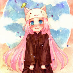Rule 34 | animal hat, blue eyes, blush, bug, butterfly, cat hat, haruka (maake), hat, insect, long hair, megurine luka, megurine luka (toeto), pink hair, smile, solo, tears, toeto (vocaloid), traditional media, vocaloid
