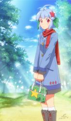 Rule 34 | 1girl, antenna hair, bag, blue hair, blue sky, boots, cloud, coat, dated, day, hair ornament, hair ribbon, highres, looking at viewer, nicca (kid nicca), original, red eyes, red scarf, ribbon, scarf, signature, sky, socks, solo, star (symbol), star hair ornament, tree