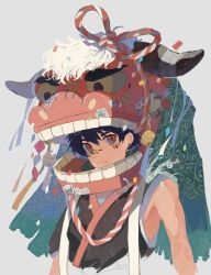 Rule 34 | 1boy, bandaid, bell, black hair, chinese clothes, chinese zodiac, closed mouth, costume, cow, cowbell, earrings, highres, horns, jewelry, kakuremino (mnt55), looking at viewer, mouth hold, original, red eyes, serious, simple background, solo, standing, tattoo