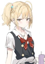 Rule 34 | 1girl, ahoge, artist request, black vest, blonde hair, blush, bow, bowtie, braid, brown eyes, clothes around waist, collared shirt, commentary request, cropped, french braid, hair ornament, hairclip, head tilt, highres, holding, jewelry, looking at viewer, looking to the side, loose bowtie, medium hair, miyamae nonoa, momoko (momopoco), necklace, red bow, red bowtie, school uniform, shirt, side ponytail, sidelocks, sketch, solo, star (symbol), star hair ornament, tokidoki bosotto roshia-go de dereru tonari no arya-san, upper body, vest, white shirt