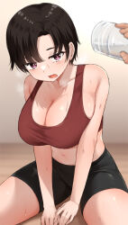 Rule 34 | 1girl, 1other, between legs, bike shorts, black hair, black shorts, blush, bottle, breasts, brown eyes, cleavage, collarbone, commentary request, hand between legs, heavy breathing, highres, holding, holding bottle, large breasts, looking at viewer, moruta (sunu-pio), navel, on floor, open mouth, original, parted bangs, red sports bra, short hair, shorts, sitting, sports bra, sweat, tomboy, water bottle, wooden floor