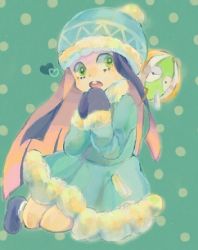 Rule 34 | 10s, 1girl, blue hair, chuck (psg), coat, colored inner hair, green eyes, hat, heart, lowres, mittens, multicolored hair, panty &amp; stocking with garterbelt, parka, pink hair, polka dot, polka dot background, solo, spoken heart, stocking (psg), two-tone hair, winter clothes