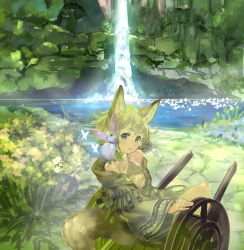 Rule 34 | animal, animal ears, blonde hair, bug, butterfly, cart, clover, collarbone, insect, okishiji en, sitting, solo, tail, water, waterfall