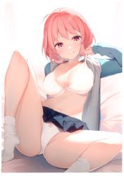 Rule 34 | 1girl, absurdres, bed sheet, blue skirt, bow, bow bra, bow panties, bra, breasts, closed mouth, collarbone, full body, hand up, highres, long sleeves, looking at viewer, medium breasts, navel, nijihashi sora, open clothes, original, page number, panties, pink eyes, pink hair, pulled by self, scan, short hair, simple background, sitting, skirt, smile, socks, solo, spread legs, stomach, thighs, underwear