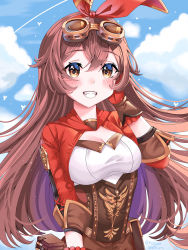 Rule 34 | 1girl, :d, absurdres, amber (genshin impact), bag, belt, blue sky, blush, breasts, brown eyes, brown hair, cleavage, cloud, cloudy sky, commentary request, day, genshin impact, gloves, goggles, goggles on head, grin, hair between eyes, hairband, hand on own cheek, hand on own face, highres, long hair, long sleeves, looking at viewer, najwa ibrahimi, open mouth, red gloves, sidelocks, sky, smile, solo, twitter username